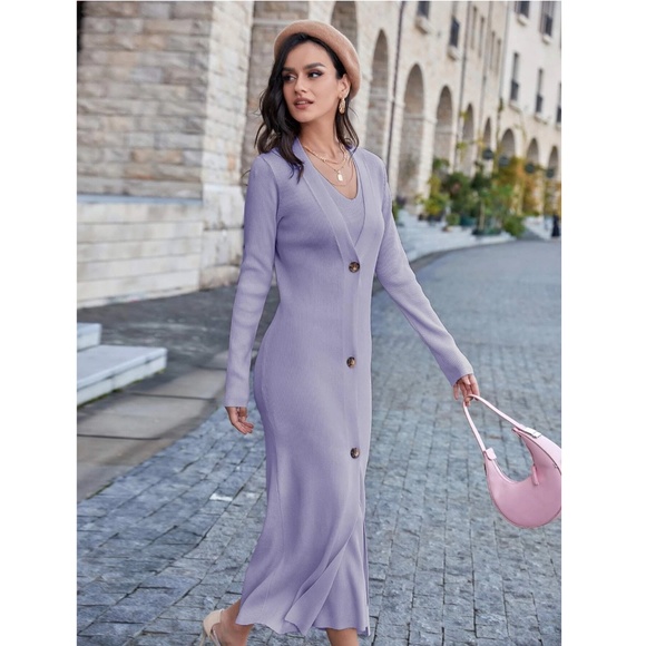 2 Piece Set: Knit Midi Pencil Dress and Long Cardigan Button Through - Picture 6 of 13